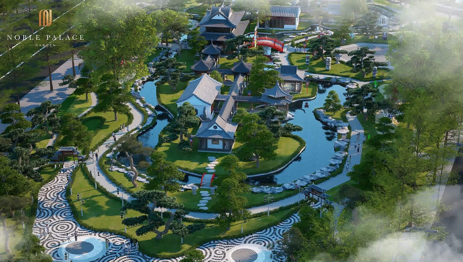 Phối cảnh tiện ích không gian mặt nước và cây xanh tại Noble Palace Garden